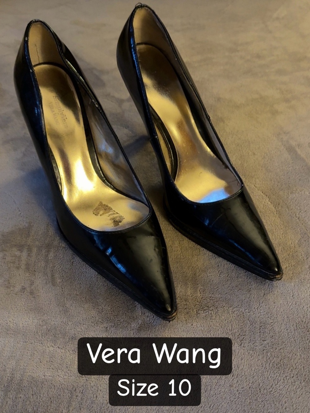 Vera Wang Black Patent Pointed Pumps with Gold Insole